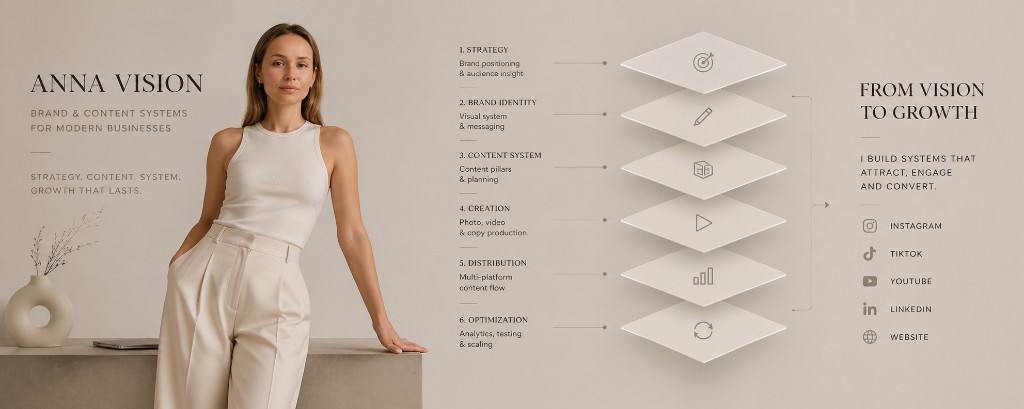 Anna Vision brand and content systems hero image with Anna Kalmykova and a six-step growth framework